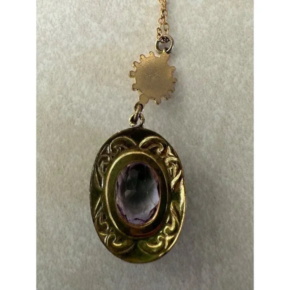 Antique Victorian gold filled Etruscan revival purple paste pendant necklace - Picture 7 of 10
